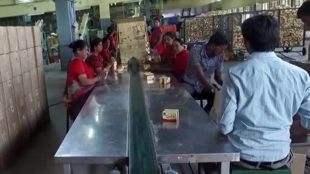 Bangalore Indien April 2016 Arbetstagargrupp Sorterar Och Förpackar Fasta Tvålar — Stockvideo