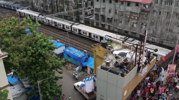 Mumbai India September 2022 Aerial View Two Trains Crossing Speeding — Stock Video