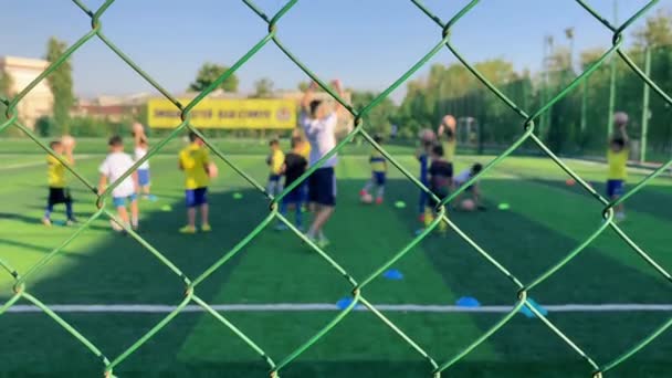 Dziecięca Drużyna Piłkarska Jest Zaangażowana Treningi Trenerem Letni Poranek Trener — Wideo stockowe