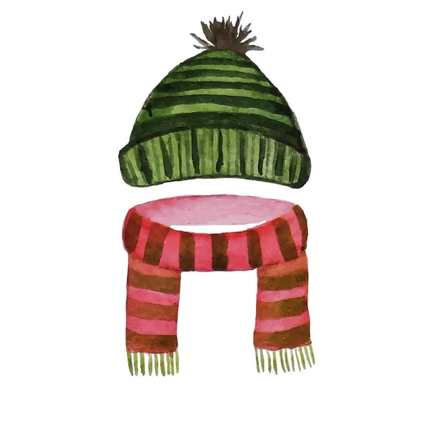 Шляпа Шарф Красный Зеленый Объект Наклейки Акварель Изолированные Каракули Художественного — стоковый вектор