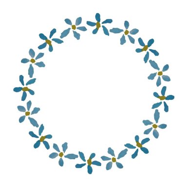 Beyaz sanat tasarımı üzerine mavi suluboya çiçek çelengi stok vektör illüstrasyonu, daire çerçeve, ağ için, baskı için