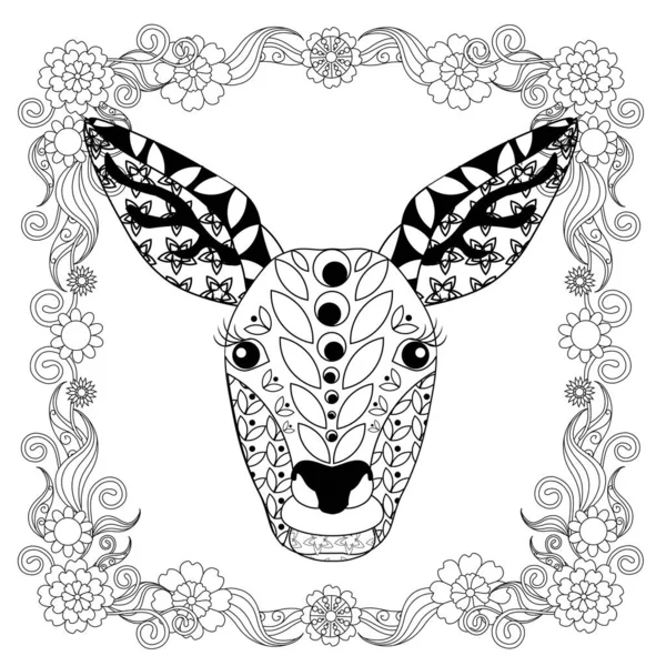 Cervo Monocromático Doodle Pattern Floral Frame Arte Design Elementos Estoque — Vetor de Stock