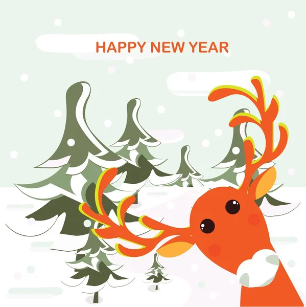 Yeni Yılınız Kutlu Olsun Köknar Ormanlarındaki Turuncu Karikatür Geyiği Düz — Stok Vektör