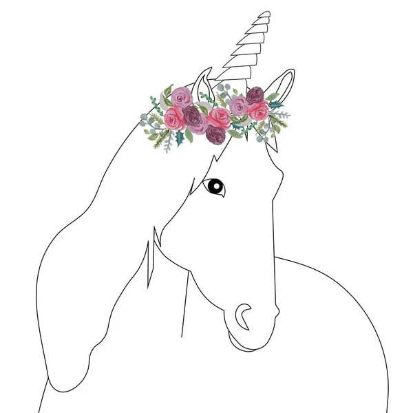 Unicornio Corona Rosas Dibujo Monocromo Arte Diseño Stock Vector Ilustración — Vector de stock
