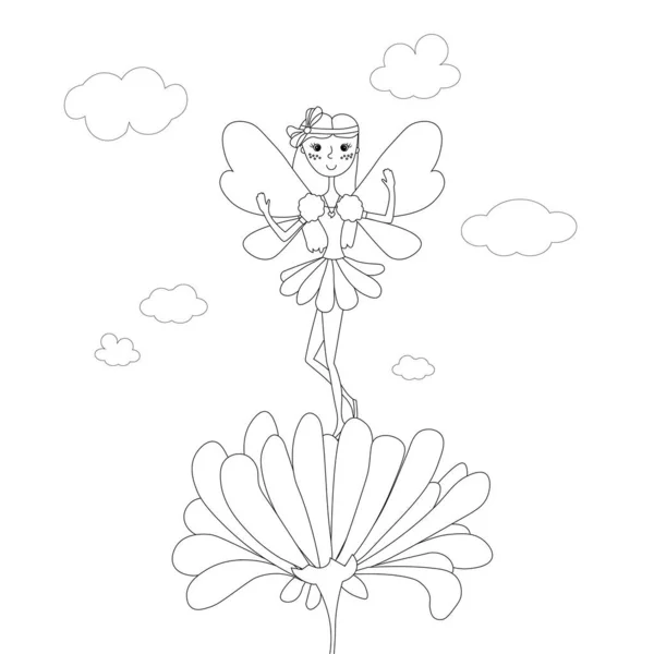 子供のための花のカラフルなイラストの上に蝶の翼を持つ妖精の王女ページのストック画像ベクトルイラスト — ストックベクタ