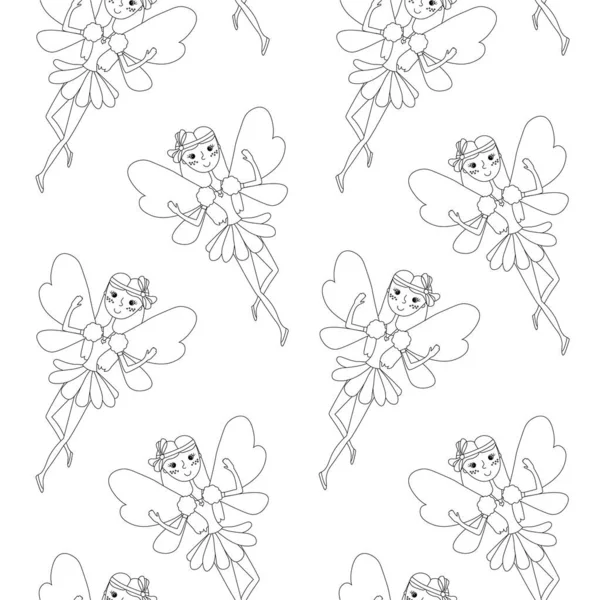 Fairy Princess Butterfly Wings Monochrome Seamless Illustration Children Coloring Page — Stock Vector