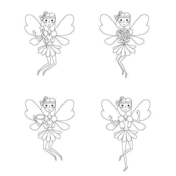 蝶の翼を持つ妖精の王女は子供のためのモノクロイラストを設定ページのストック画像ベクトルイラスト — ストックベクタ