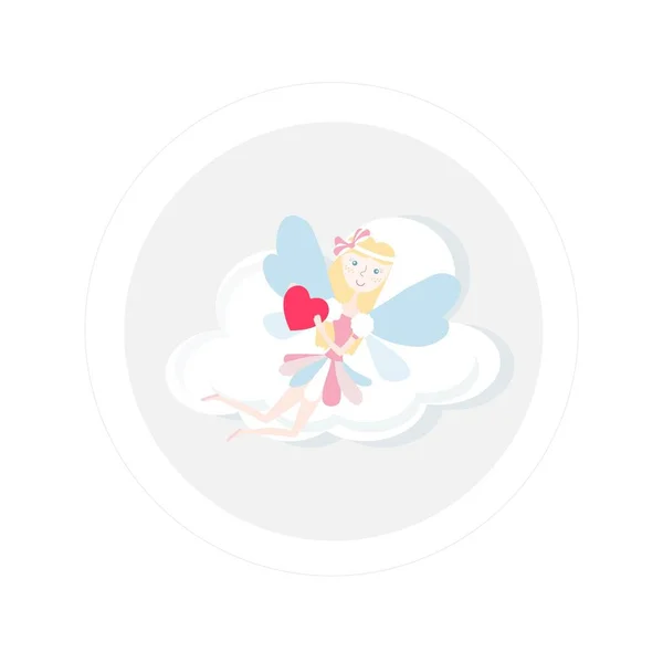 妖精の雲の背景に手に赤い心で飛ぶ バレンタインデーラウンドステッカー株式ベクトルイラストFor Web Print — ストックベクタ