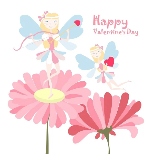 Buon San Valentino Striscione Fate Volanti Magiche Cartoni Animati Fiori — Vettoriale Stock