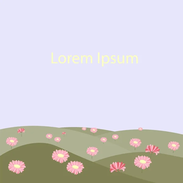 丘とピンクの花の牧草地青空ロレムIpsum背景ストックベクトルイラストのためのウェブ 印刷のための — ストックベクタ