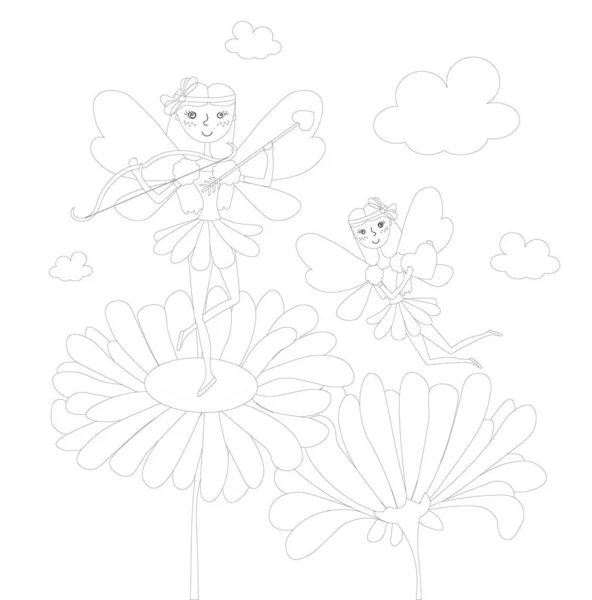 魔法の飛行妖精の花の着色本漫画フラットデザイン株式ベクトルイラスト用ウェブ — ストックベクタ