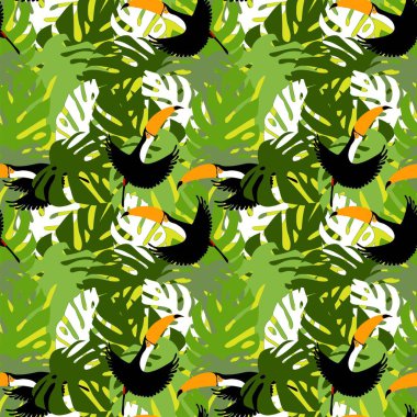 Yeşil canavarlı Tukanlar, web için, baskı için, kusursuz tropikal desenli sanat tasarımı stok vektörü illüstrasyonları bırakır.