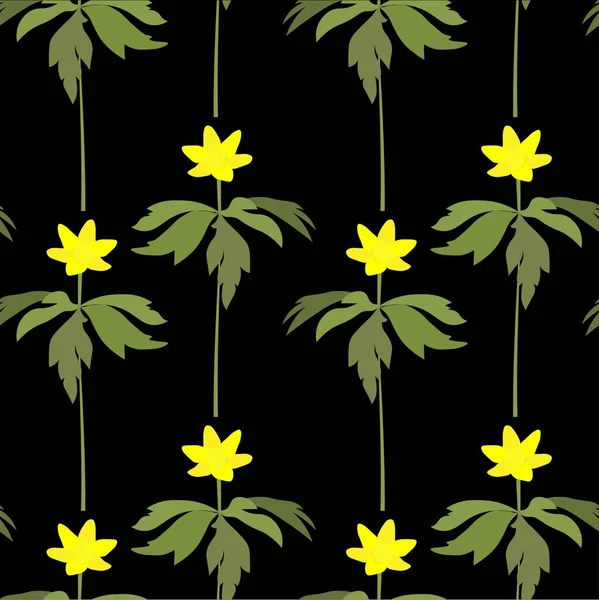Amarelo Anêmona Planta Sem Costura Padrão Estoque Preto Vetor Ilustração — Vetor de Stock