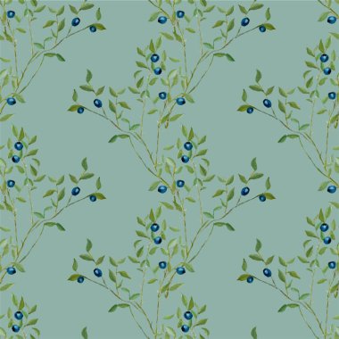 Mavi üzerinde meyvesiz desenli yaban mersini bitkisi. Suluboya botanik illüstrasyon stok vektör illüstrasyonu ağ için, baskı için, kumaş baskısı için