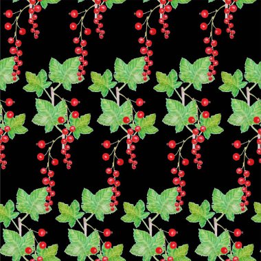 Redcurrant watercolor seamless pattern on black background stock vector illustration for web, for print, for product design, for packing design