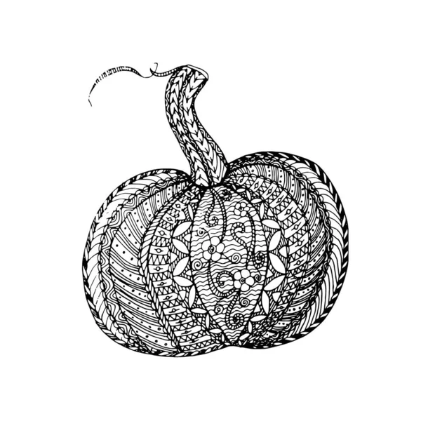 Dibujo Calabaza Doodle Delgada Línea Adorno Negro Blanco Colorear Página — Vector de stock