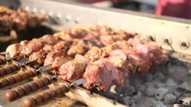 Pečení šťavnatý masový steak s kořením v hořících dřevěných uhlíků oheň na bbq mřížce — Stock video