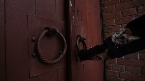 Female hand holding on to the ring of an old medieval door — Stock Video