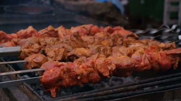 Roasting Juicy Meat Steak Spices Herbs Burning Charcoals Fire Bbq — Stock Video