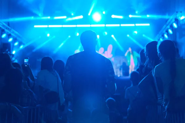 Silhouetten Von Menschen Und Musikern Auf Großer Konzertbühne Strahlend Schöne — Stockfoto