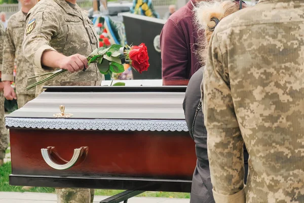Wooden Coffin Dead Person Funeral People Mourning Background Memorial Service — Fotografia de Stock