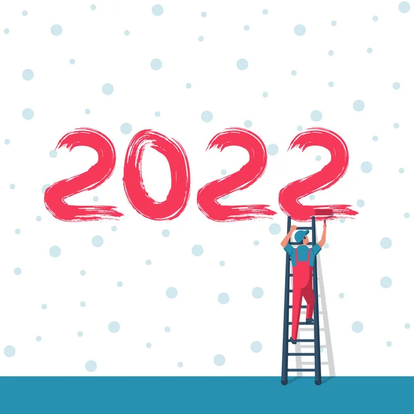Les humains sur les échelles tiennent des brosses à rouleaux et écrivent le numéro 2022 — Image vectorielle