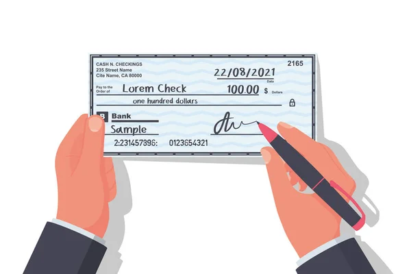 Empresário assina cheque de dinheiro. Assinatura de um documento financeiro. —  Vetores de Stock
