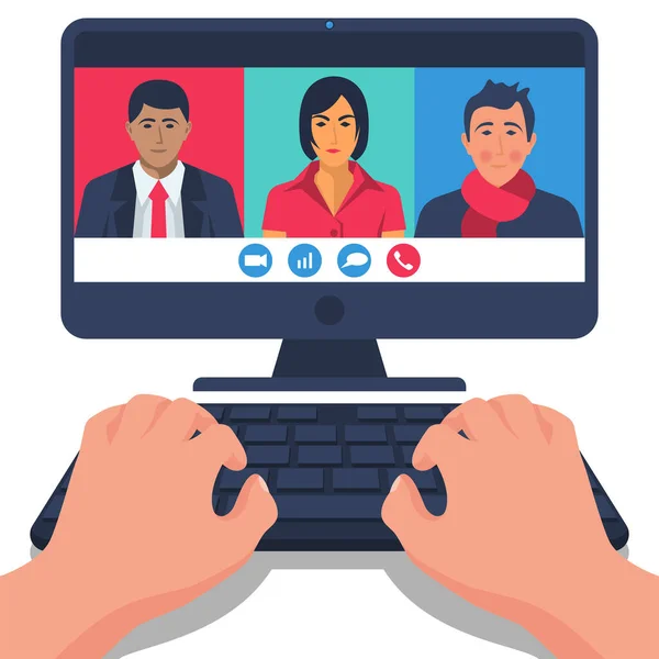 A multinacionális fiatalok egy csoportja videohívásokon keresztül kommunikál. — Stock Vector