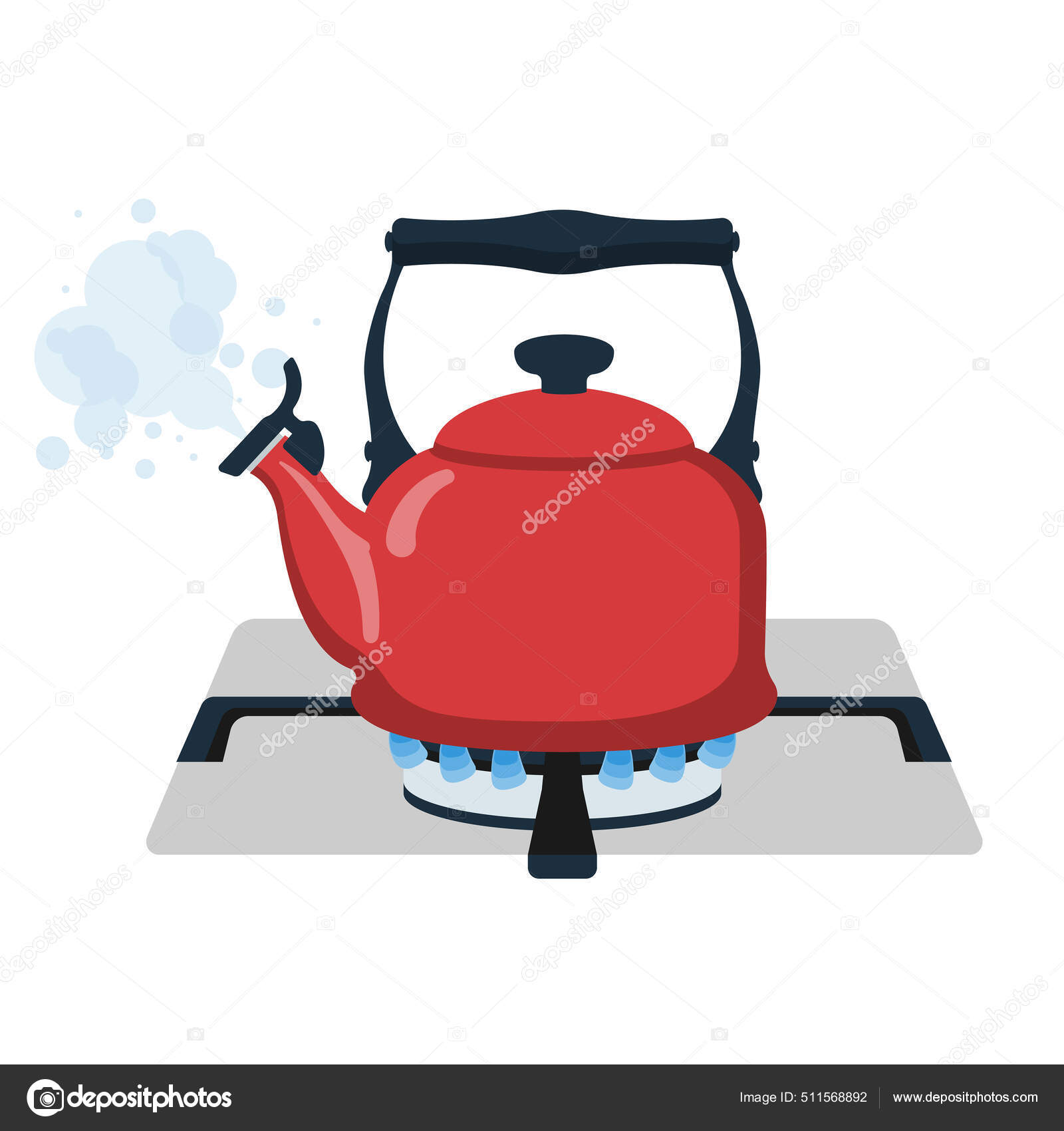 Boiling kettle. Boiling water. Kettle on gas flame vector Stock