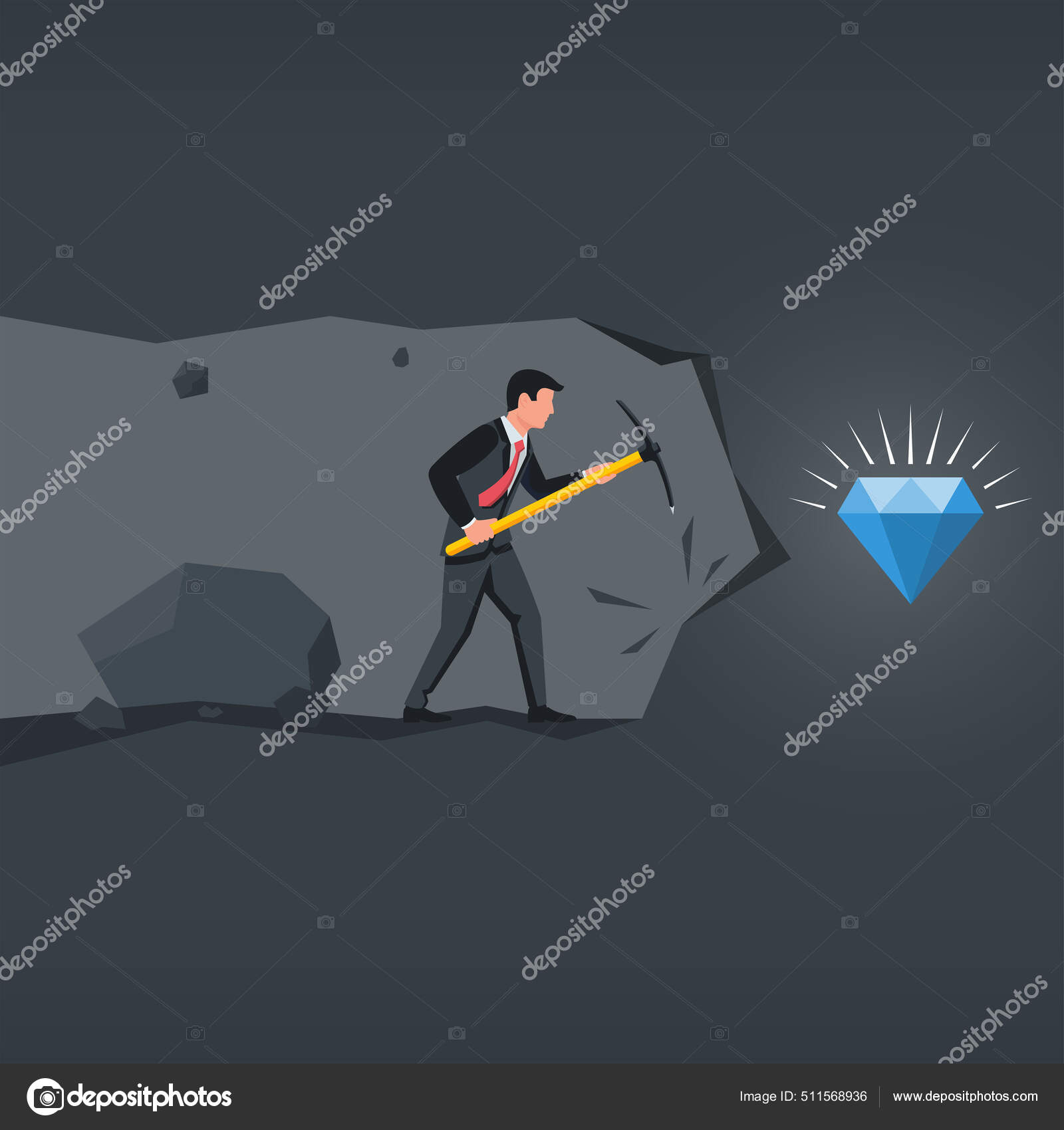 다이아몬드 채굴. 똑똑 해 지는 거지. 동굴 속에서 도끼를 든 남자. 스톡 벡터 - ©threecvet.gmail.com  511568936