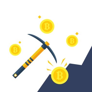 Bitcoin madencilik konsepti. Kazma dağda dijital madeni para üretir..