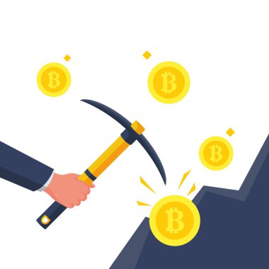 Bitcoin madencilik konsepti. Eldeki kazma dağda dijital madeni para üretir.