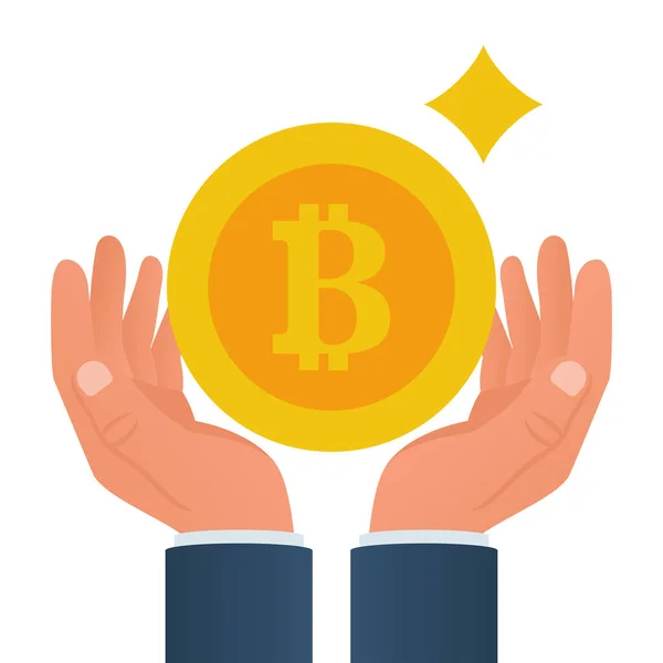NFT-Karten-Bitcoin in der Hand halten. Coin bitcoin. Kryptowährung im Bergbau — Stockvektor