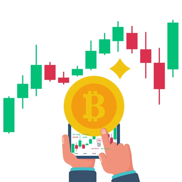 Schermo tablet con grafico di trading finanziario. Bitcoin moneta d'oro — Vettoriale Stock