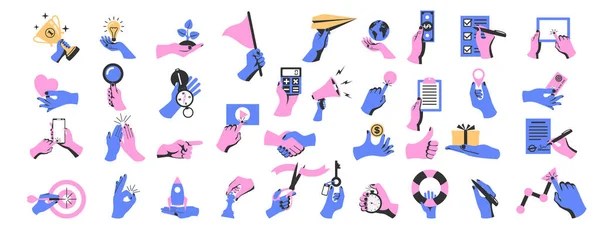 Ensemble de mains colorées avec des objets vectoriels plats. — Image vectorielle