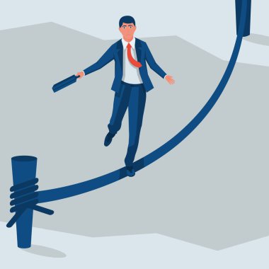 İş riski ipi. İş adamı kayalıklarda ip üzerinde yürüyor