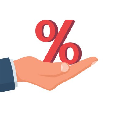 Eldeki yüzde. Finansal yardım ikonu. Vektör düzlüğü.