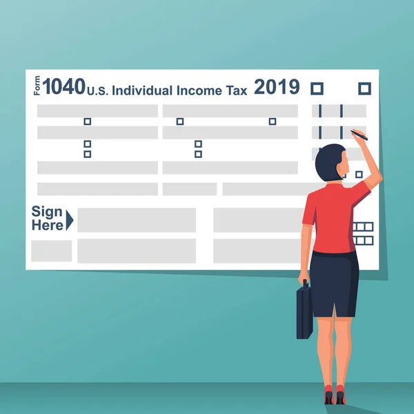 Empresário Preenche Formulário de Imposto dos EUA. Vector plano. —  Vetores de Stock