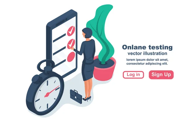 Testy online. Kobieta na smartfonie testuje. — Wektor stockowy