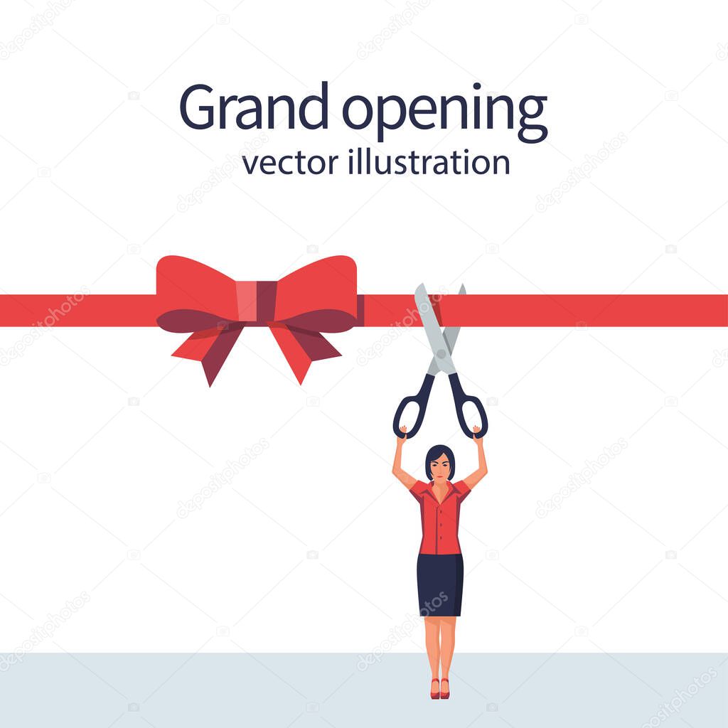 Woman is hold big scissors cutting red ribbon. Vector flat.