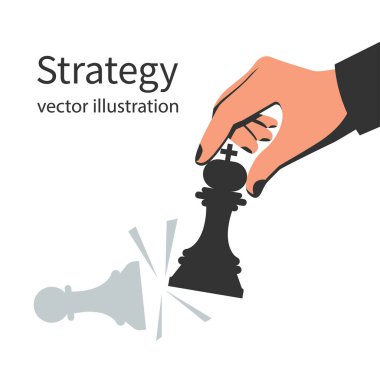İş stratejisi. Elinde satranç figürü olan bir stratejist. Siyah kral..