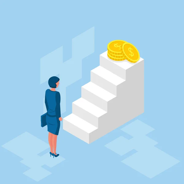 Femme d'affaires en costume tenir mallette marchant sur l'escalier à l'argent — Image vectorielle
