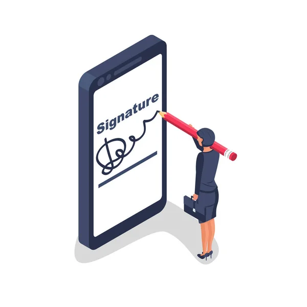 Digital signature pada smartphone.Vector illustration isometric 3D design - Stok Vektor