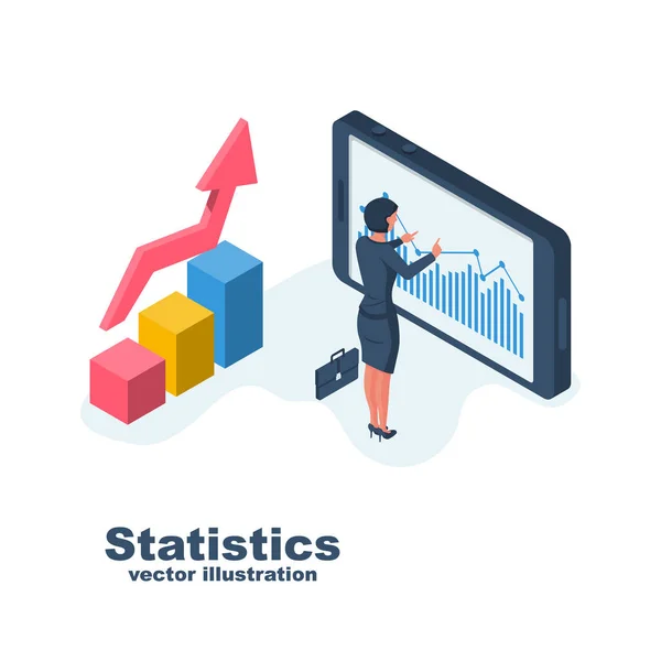 İş istatistikleri. İş kadını verileri analiz eder — Stok Vektör