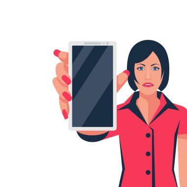 Genç kız telefonunu gösteriyor. Akıllı telefon elinde..