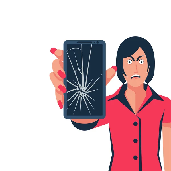 Smartphone met gebarsten scherm in vrouwenhand. Gebroken telefoon — Stockvector