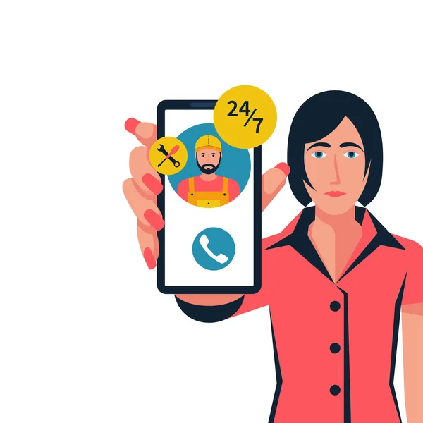 Woman call on the phone. Call repairman through app on smartphone —  Vetores de Stock