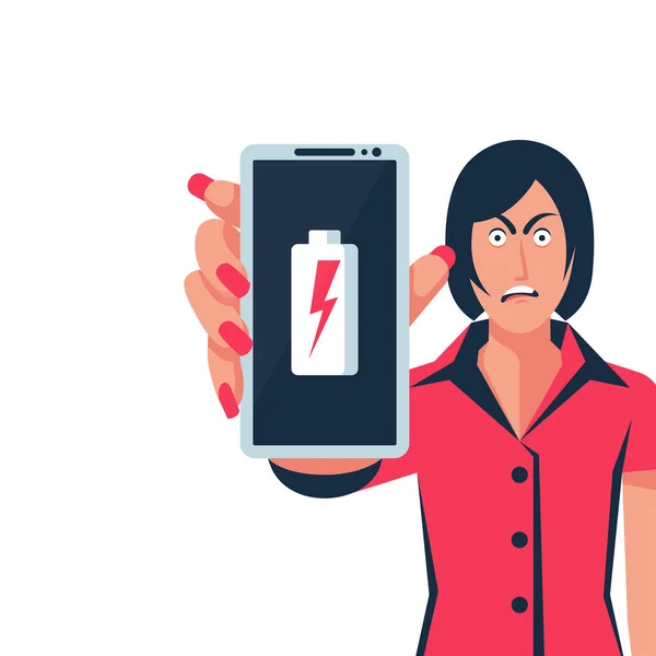 Angry young woman holds a smartphone in hands — Stock Vector