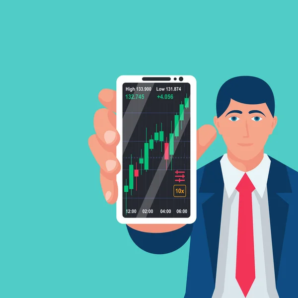 Tela do telefone com gráfico de negociação financeira no homem de negócios mão. —  Vetores de Stock