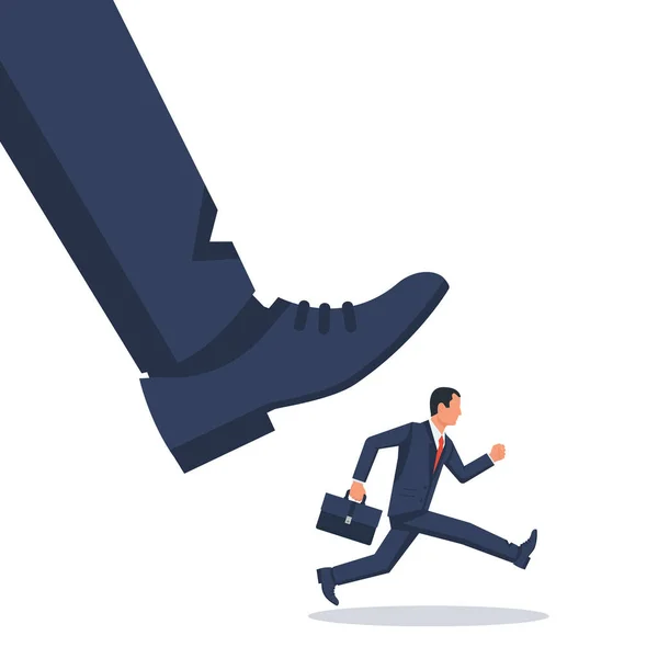 Risk management concept. Businessman runs away from a big leg — Stock Vector